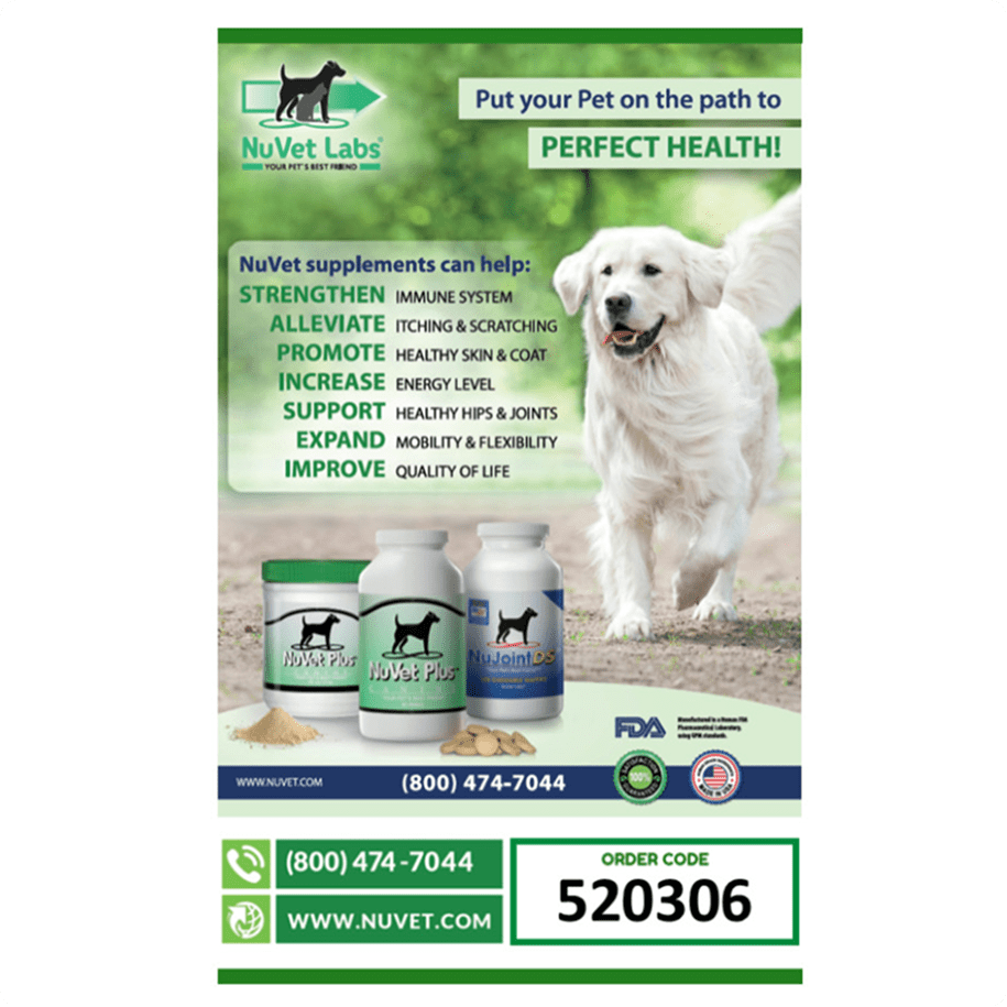 Pet supplements advertisement with a happy dog