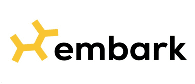 Yellow geometric dog logo, Embark text